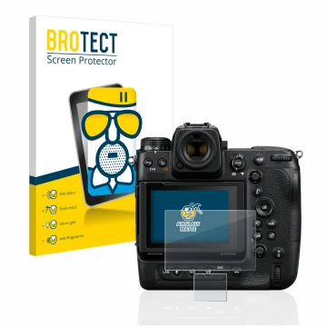 Parte frontale di una confezione del prodotto con il logo del marchio BROTECT. Accanto è raffigurato il dispositivo Nikon Z 9 