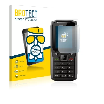 Parte frontale di una confezione del prodotto con il logo del marchio BROTECT. Accanto è raffigurato il dispositivo Crosscall 