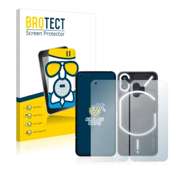 Parte frontale di una confezione del prodotto con il logo del marchio BROTECT. Accanto è raffigurato il dispositivo Nothing Ph