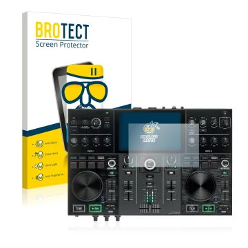 Parte frontale di una confezione del prodotto con il logo del marchio BROTECT. Accanto è raffigurato il dispositivo Denon DJ P