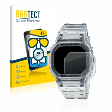Parte frontale di una confezione del prodotto con il logo del marchio BROTECT. Accanto è raffigurato il dispositivo Casio G-Sh