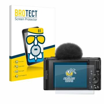 Parte frontale di una confezione del prodotto con il logo del marchio BROTECT. Accanto è raffigurato il dispositivo Sony ZV-1F