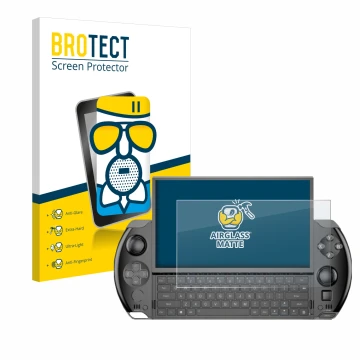 Parte frontale di una confezione del prodotto con il logo del marchio BROTECT. Accanto è raffigurato il dispositivo GPD Win 4 