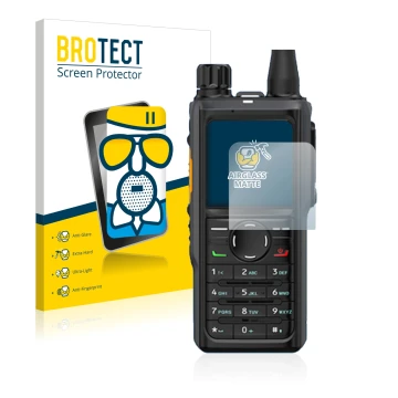 Parte frontale di una confezione del prodotto con il logo del marchio BROTECT. Accanto è raffigurato il dispositivo Hytera HP 