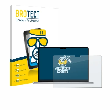 Parte frontale di una confezione del prodotto con il logo del marchio BROTECT. Accanto è raffigurato il dispositivo Apple MacB