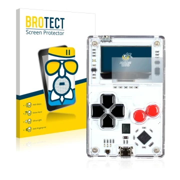 Parte frontale di una confezione del prodotto con il logo del marchio BROTECT. Accanto è raffigurato il dispositivo Arduboy FX