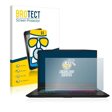 Parte frontale di una confezione del prodotto con il logo del marchio BROTECT. Accanto è raffigurato il dispositivo MSI Katana