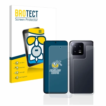 Parte frontale di una confezione del prodotto con il logo del marchio BROTECT. Accanto è raffigurato il dispositivo Xiaomi 13 