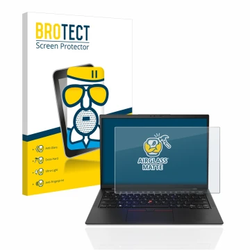 Parte frontale di una confezione del prodotto con il logo del marchio BROTECT. Accanto è raffigurato il dispositivo Lenovo Thi