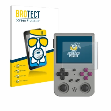 Parte frontale di una confezione del prodotto con il logo del marchio BROTECT. Accanto è raffigurato il dispositivo Anbernic R