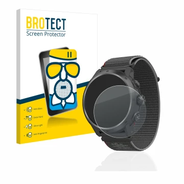 Parte frontale di una confezione del prodotto con il logo del marchio BROTECT. Accanto è raffigurato il dispositivo Coros Apex