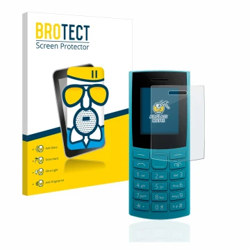 Parte frontale di una confezione del prodotto con il logo del marchio BROTECT. Accanto è raffigurato il dispositivo Nokia 105 