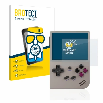 Parte frontale di una confezione del prodotto con il logo del marchio BROTECT. Accanto è raffigurato il dispositivo Anbernic R