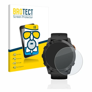 Parte frontale di una confezione del prodotto con il logo del marchio BROTECT. Accanto è raffigurato il dispositivo Garmin Fen
