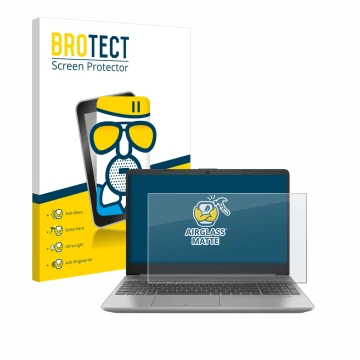 Parte frontale di una confezione del prodotto con il logo del marchio BROTECT. Accanto è raffigurato il dispositivo HP 250 G9 