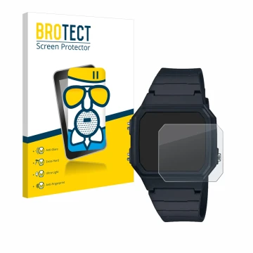 Parte frontale di una confezione del prodotto con il logo del marchio BROTECT. Accanto è raffigurato il dispositivo Casio W-21