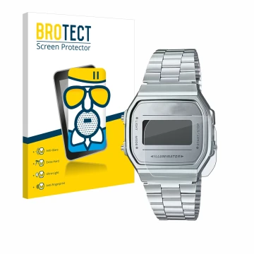 Parte frontale di una confezione del prodotto con il logo del marchio BROTECT. Accanto è raffigurato il dispositivo Casio A168