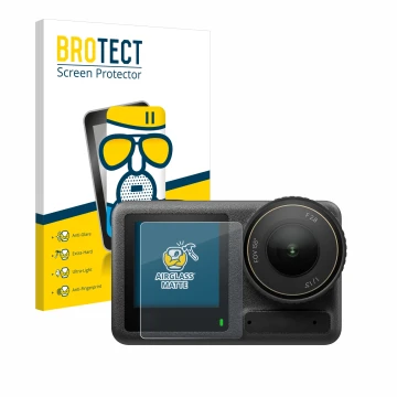 Parte frontale di una confezione del prodotto con il logo del marchio BROTECT. Accanto è raffigurato il dispositivo DJI Osmo A