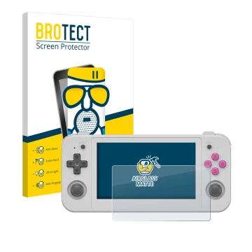 Parte frontale di una confezione del prodotto con il logo del marchio BROTECT. Accanto è raffigurato il dispositivo Anbernic R