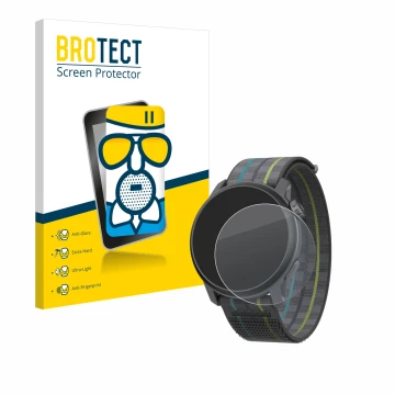 Parte frontale di una confezione del prodotto con il logo del marchio BROTECT. Accanto è raffigurato il dispositivo Coros Pace