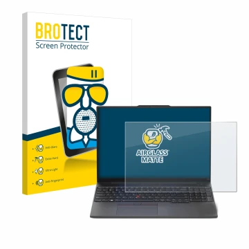 Parte frontale di una confezione del prodotto con il logo del marchio BROTECT. Accanto è raffigurato il dispositivo Lenovo Thi