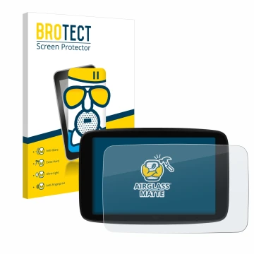 Parte frontale di una confezione del prodotto con il logo del marchio BROTECT. Accanto è raffigurato il dispositivo TomTom GO 