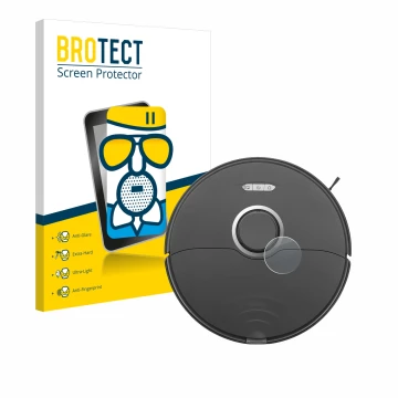 Parte frontale di una confezione del prodotto con il logo del marchio BROTECT. Accanto è raffigurato il dispositivo Roborock S