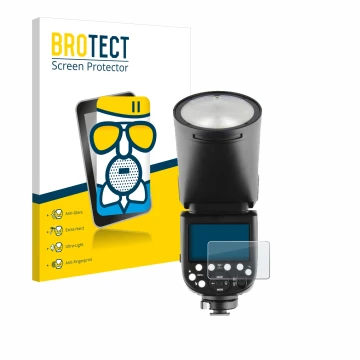 Parte frontale di una confezione del prodotto con il logo del marchio BROTECT. Accanto è raffigurato il dispositivo Godox V1 c