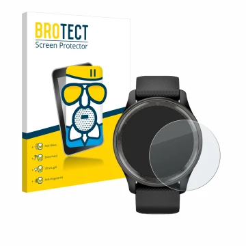 Parte frontale di una confezione del prodotto con il logo del marchio BROTECT. Accanto è raffigurato il dispositivo Garmin Viv