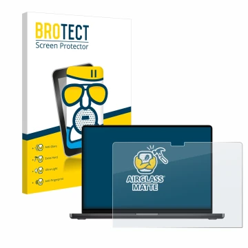 Parte frontale di una confezione del prodotto con il logo del marchio BROTECT. Accanto è raffigurato il dispositivo Apple MacB