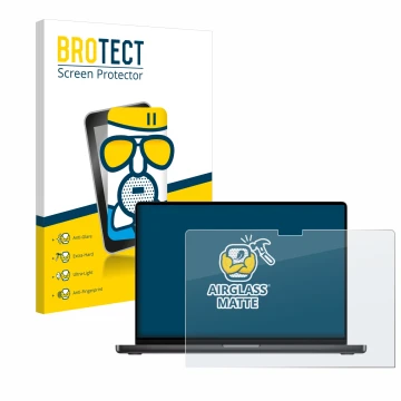 Parte frontale di una confezione del prodotto con il logo del marchio BROTECT. Accanto è raffigurato il dispositivo Apple MacB