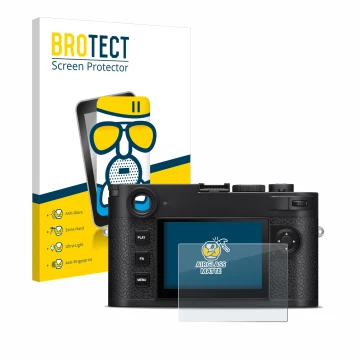 Parte frontale di una confezione del prodotto con il logo del marchio BROTECT. Accanto è raffigurato il dispositivo Leica M11-