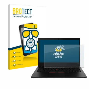 Parte frontale di una confezione del prodotto con il logo del marchio BROTECT. Accanto è raffigurato il dispositivo Lenovo Thi