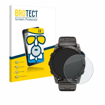 Parte frontale di una confezione del prodotto con il logo del marchio BROTECT. Accanto è raffigurato il dispositivo Garmin D2 