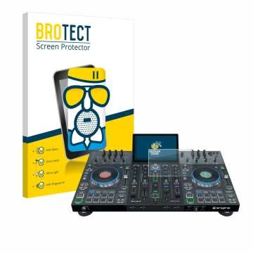 Parte frontale di una confezione del prodotto con il logo del marchio BROTECT. Accanto è raffigurato il dispositivo Denon DJ P