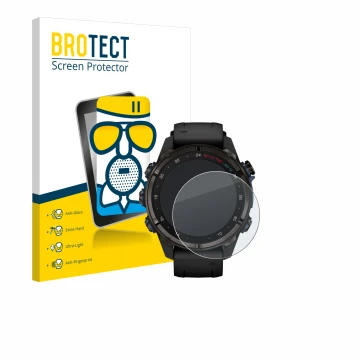 Parte frontale di una confezione del prodotto con il logo del marchio BROTECT. Accanto è raffigurato il dispositivo Garmin Des