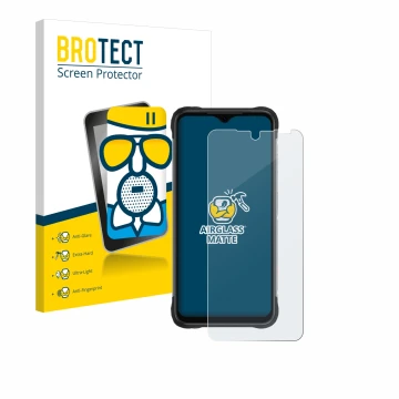 Parte frontale di una confezione del prodotto con il logo del marchio BROTECT. Accanto è raffigurato il dispositivo Umidigi Bi