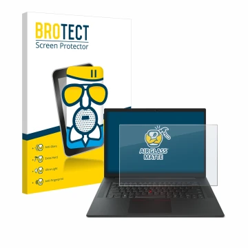 Parte frontale di una confezione del prodotto con il logo del marchio BROTECT. Accanto è raffigurato il dispositivo Lenovo Thi