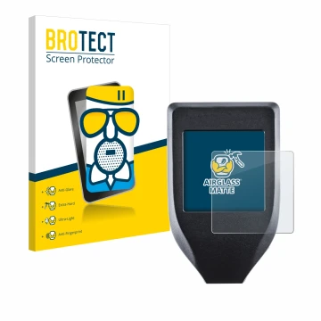 Parte frontale di una confezione del prodotto con il logo del marchio BROTECT. Accanto è raffigurato il dispositivo Trezor Mod