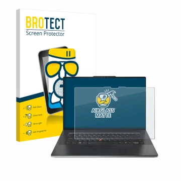 Parte frontale di una confezione del prodotto con il logo del marchio BROTECT. Accanto è raffigurato il dispositivo Lenovo Thi
