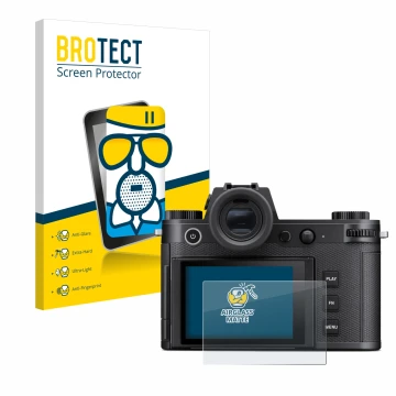 Parte frontale di una confezione del prodotto con il logo del marchio BROTECT. Accanto è raffigurato il dispositivo Leica SL3 