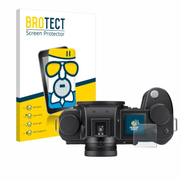 Parte frontale di una confezione del prodotto con il logo del marchio BROTECT. Accanto è raffigurato il dispositivo Leica SL3 