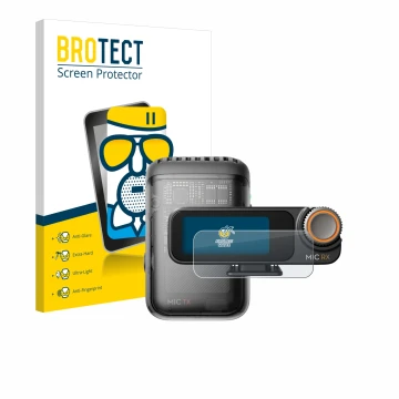 Parte frontale di una confezione del prodotto con il logo del marchio BROTECT. Accanto è raffigurato il dispositivo DJI Mic 2 