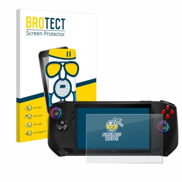 Parte frontale di una confezione del prodotto con il logo del marchio BROTECT. Accanto è raffigurato il dispositivo MSI Claw A