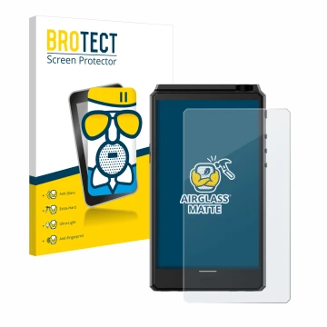 Parte frontale di una confezione del prodotto con il logo del marchio BROTECT. Accanto è raffigurato il dispositivo Hiby R6 II