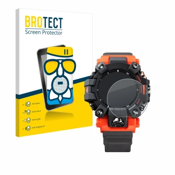 Parte frontale di una confezione del prodotto con il logo del marchio BROTECT. Accanto è raffigurato il dispositivo Casio G-Sh