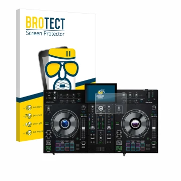 Parte frontale di una confezione del prodotto con il logo del marchio BROTECT. Accanto è raffigurato il dispositivo Denon DJ P