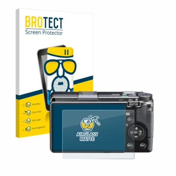 Parte frontale di una confezione del prodotto con il logo del marchio BROTECT. Accanto è raffigurato il dispositivo Ricoh GR I