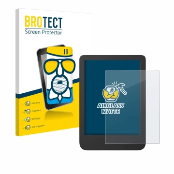 Parte frontale di una confezione del prodotto con il logo del marchio BROTECT. Accanto è raffigurato il dispositivo Tolino Shi