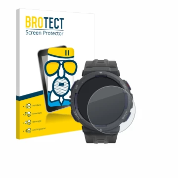 Parte frontale di una confezione del prodotto con il logo del marchio BROTECT. Accanto è raffigurato il dispositivo Amazfit Ac